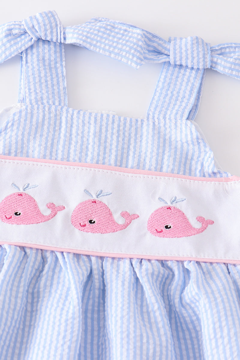 Blue whale embroidery seersucker girl set