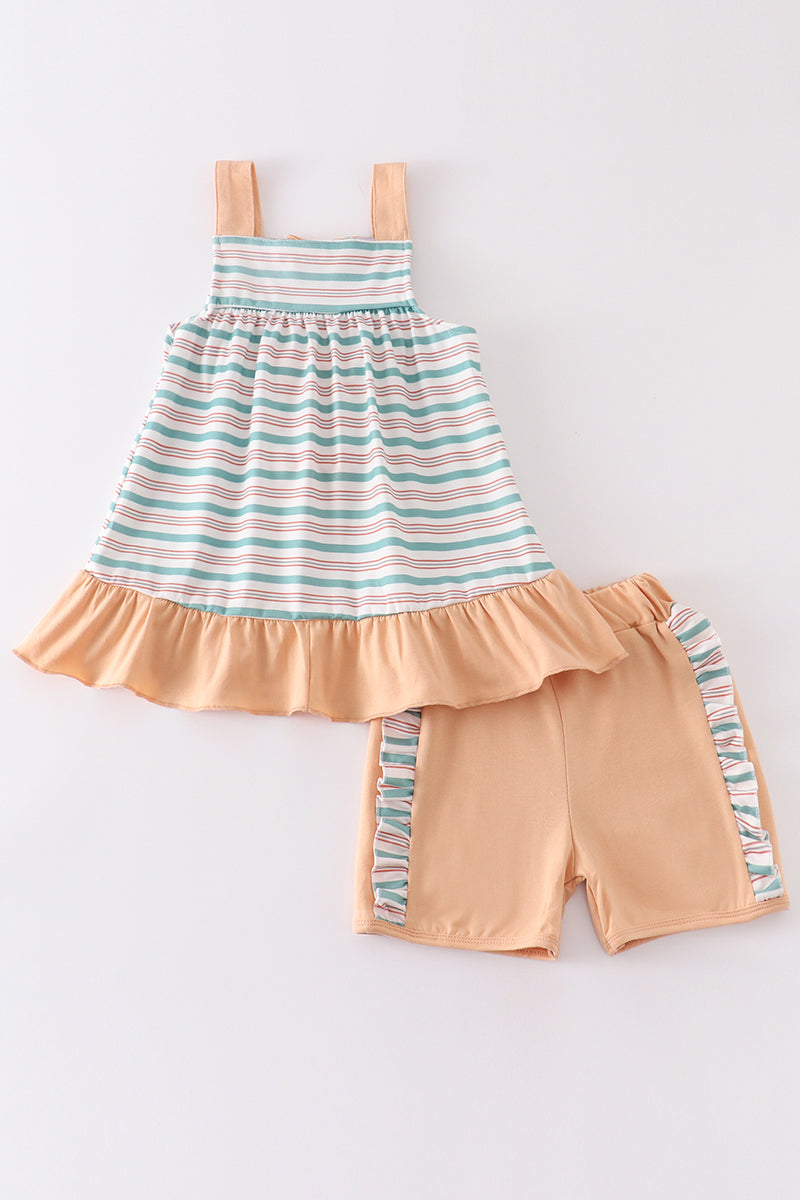 Green stripe bow girl set