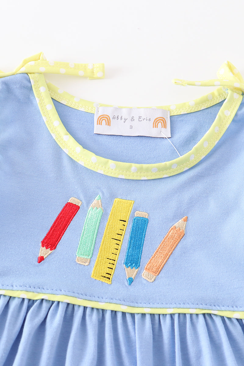 Blue crayon embroidery strap dress