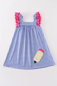 Blue pencil applique plaid dress