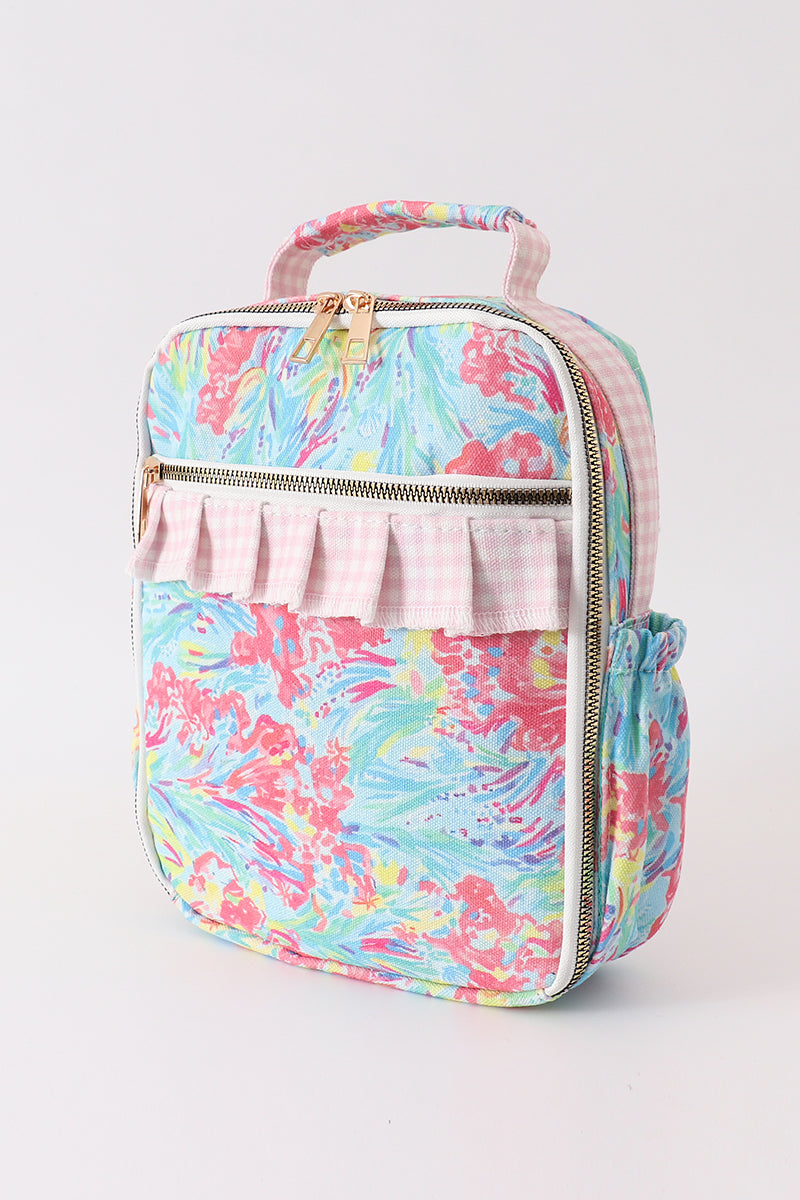 Green floral ruffle lunch bag