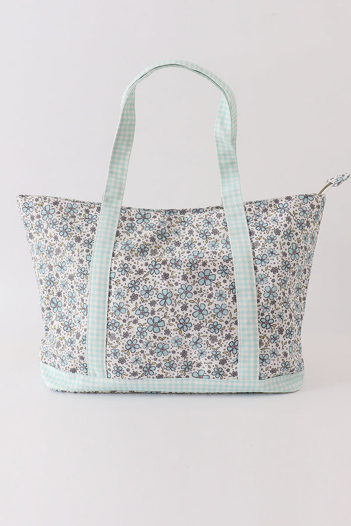 Green floral plaid tote bag