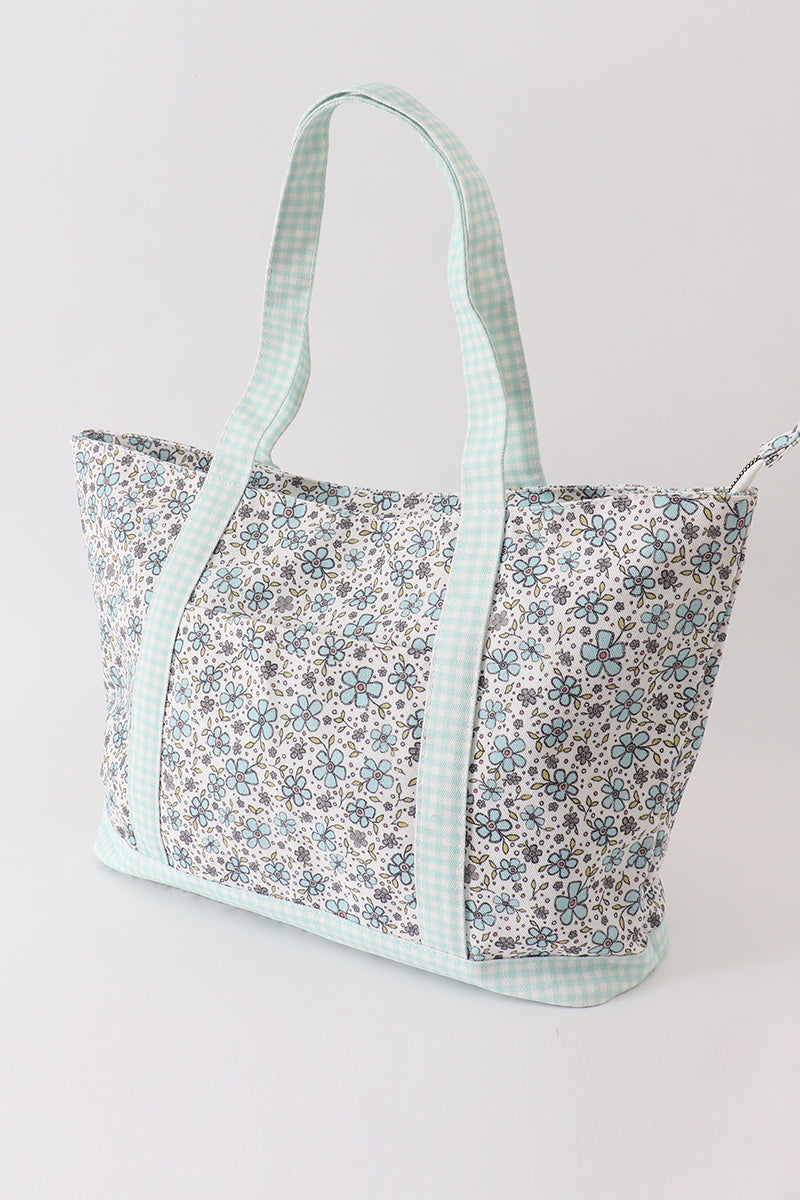 Green floral plaid tote bag