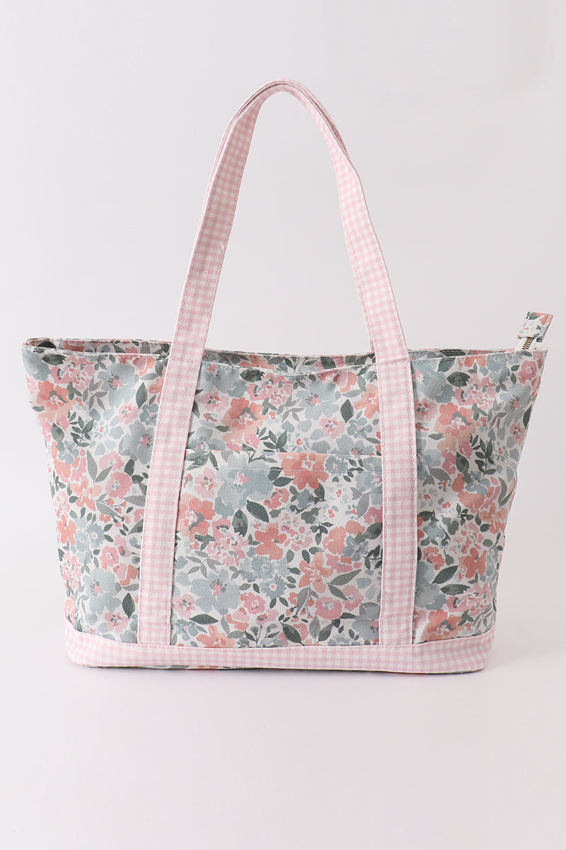 Pink floral plaid tote bag