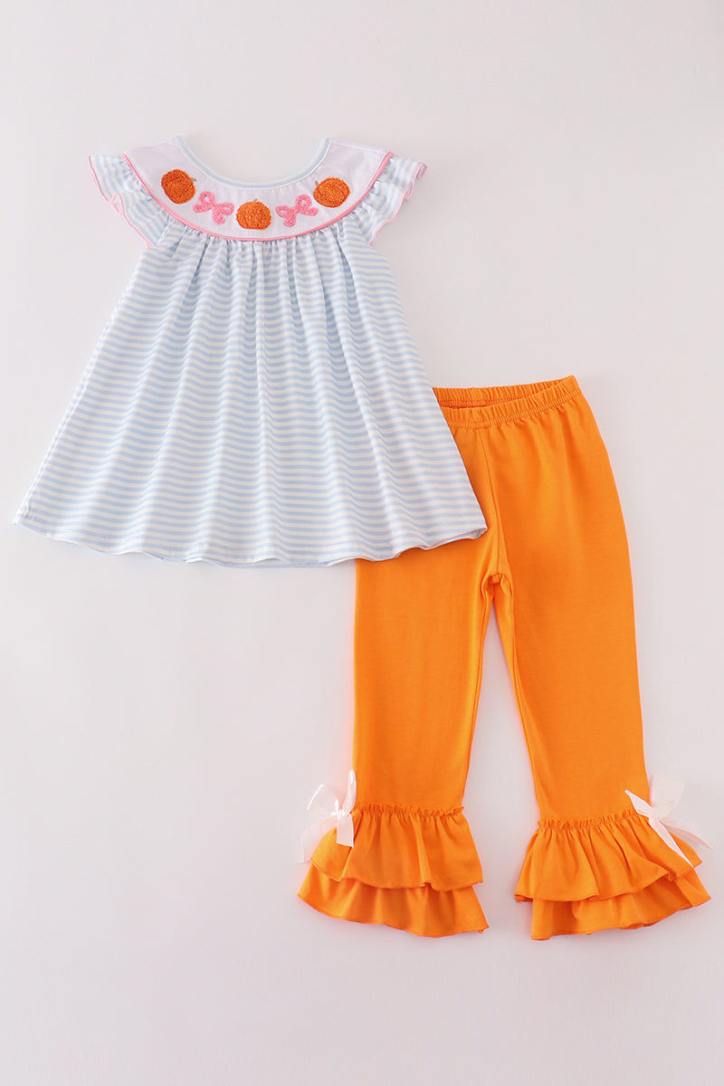 Blue stripe pumpkin french knot girl set