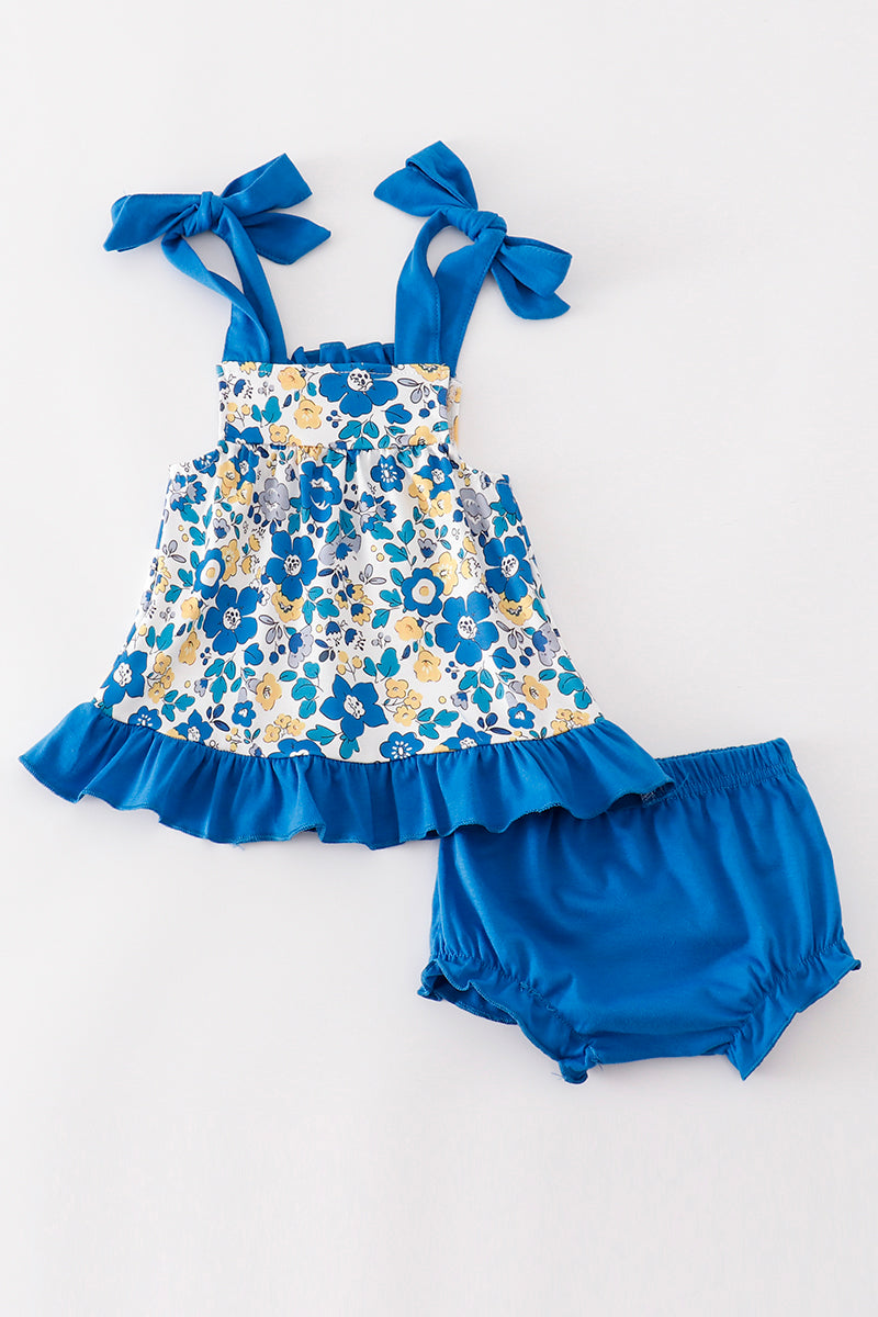 Blue floral print ruffle baby bloomers set