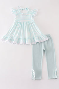 Blue stripe ruffle girl set