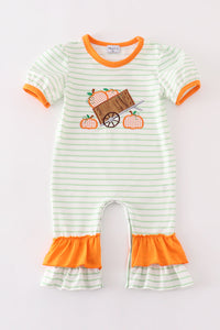 Orange wheelbarrow pumpkin applique stripe girl romper