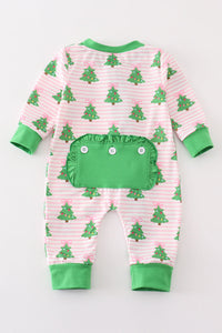 Green christmas tree print ruffle zip romper