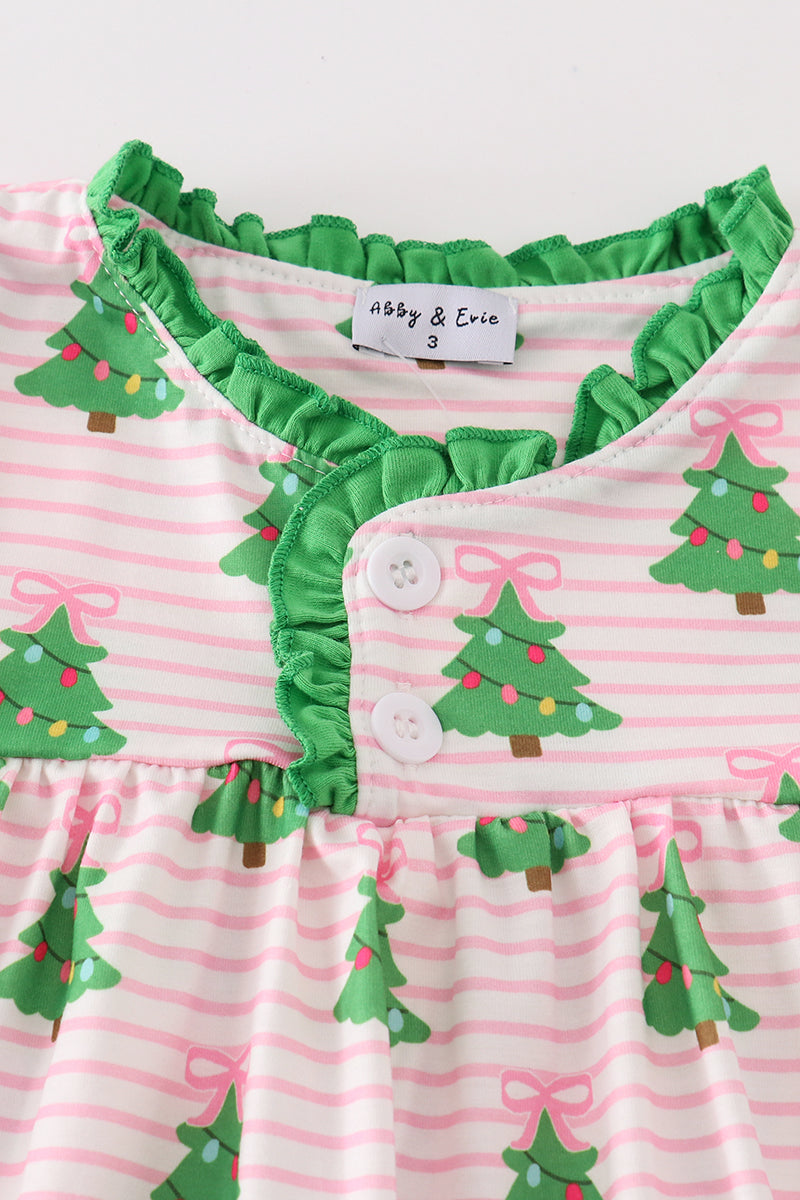 Green christmas tree print ruffle girl gown