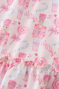 Pink nutcracker print girl ruffle gown