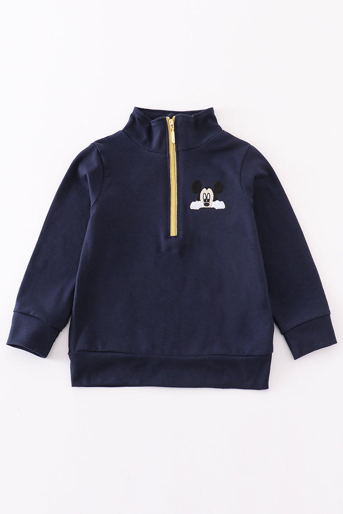 Navy character embroidery boy zipper pullover