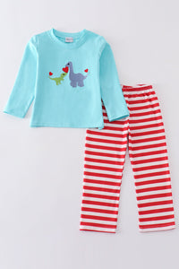 Blue valentine dinosaur embroidery boy set