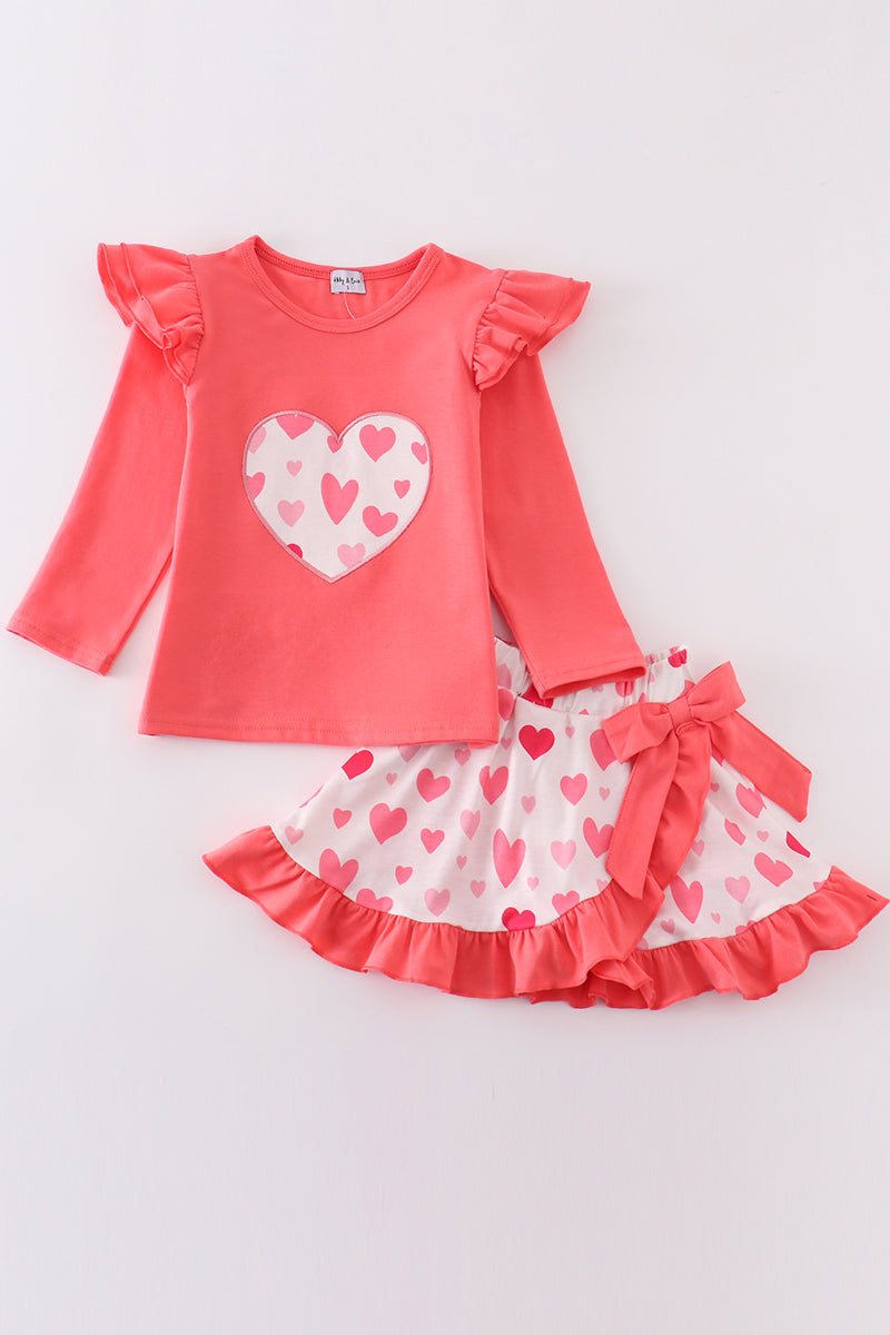 Pink valentine heart ruffle girl skirt set