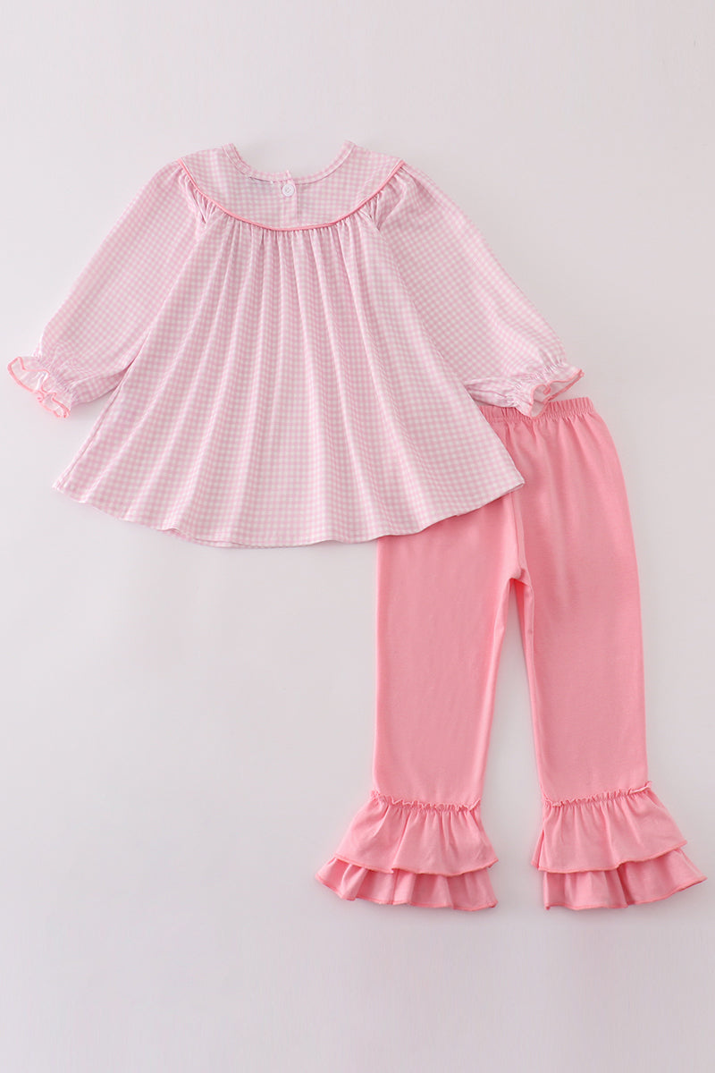 Pink gingham heart french knot girl set