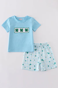 Blue clover embroidery boy set