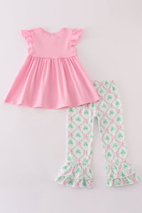 Pink green bow clover embroidery girl set