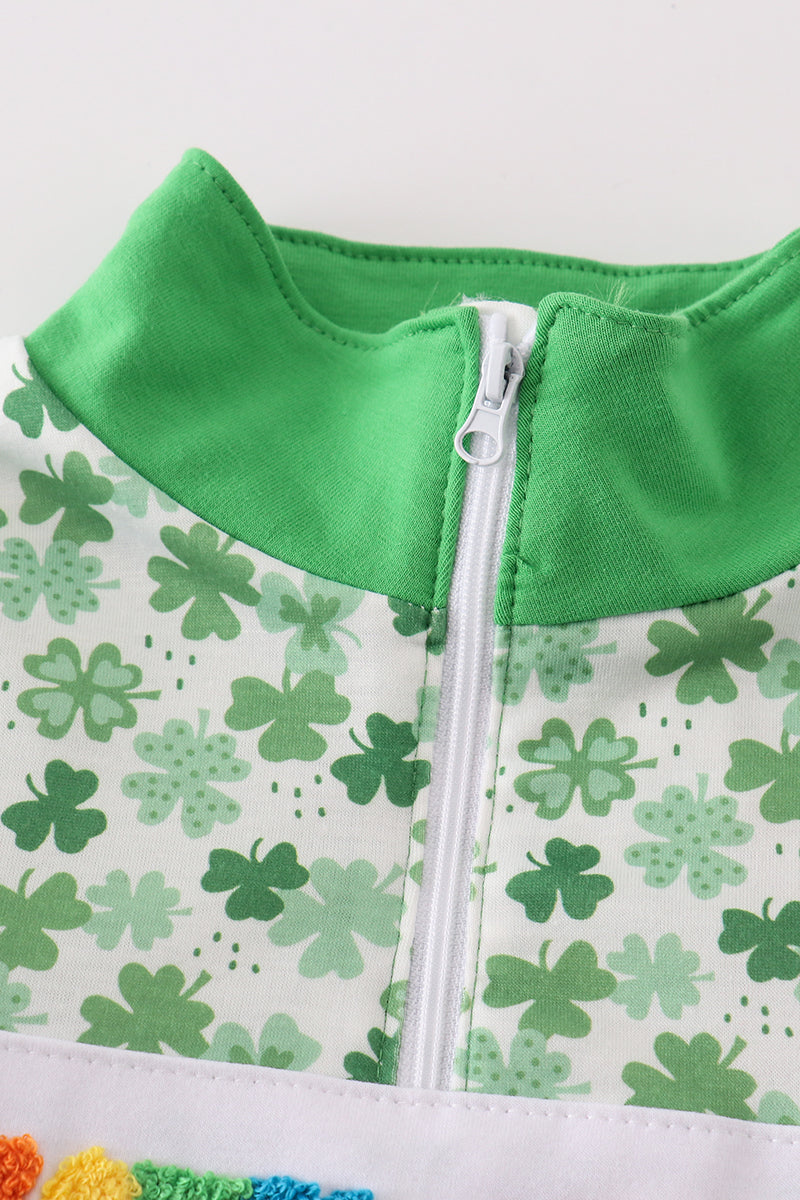 Green lucky charm french knot clover girl pullover