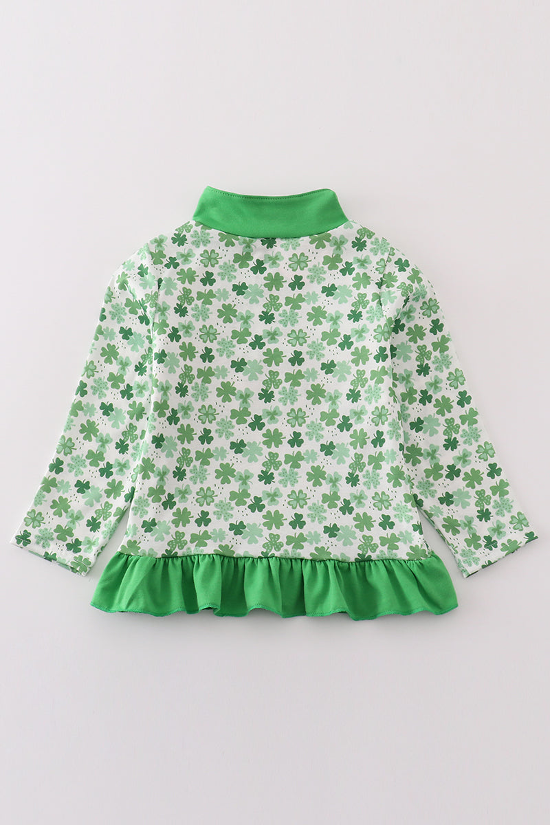 Green lucky charm french knot clover girl pullover