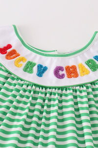 Green stripe lucky charm french knot girl set