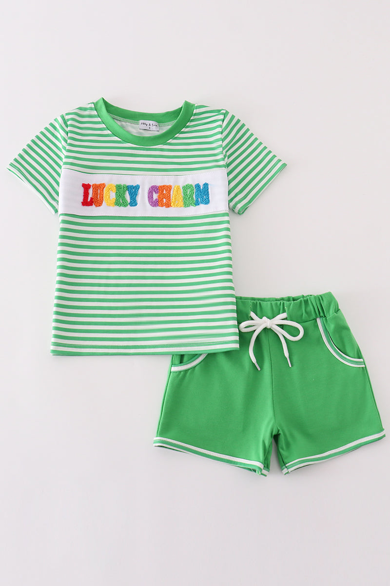 Green stripe lucky charm french knot boy set