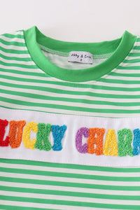 Green stripe lucky charm french knot boy set