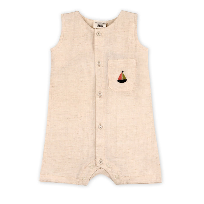 Parker Embroidered Sailboat Pocket Baby Romper (Linen Blend)