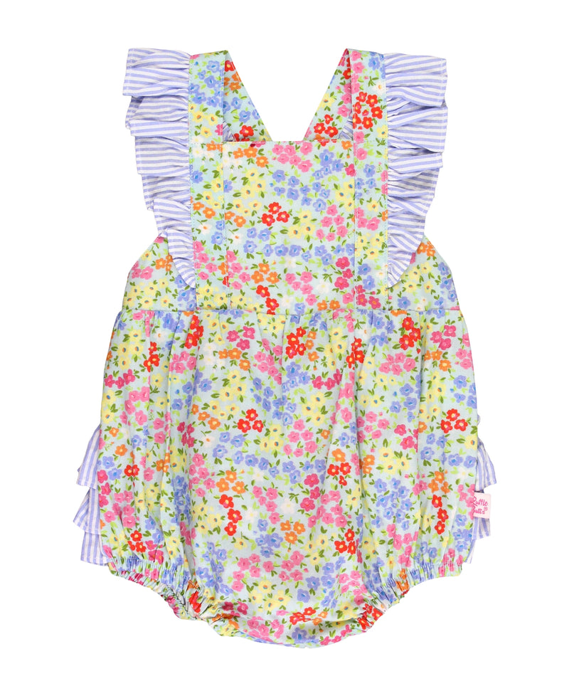 Petaling Around Pinafore Cross-Back Woven Bubble Romper