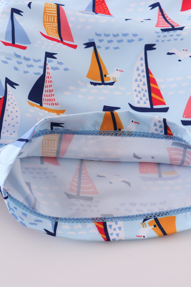 Blue sailboat print boy swim trunk