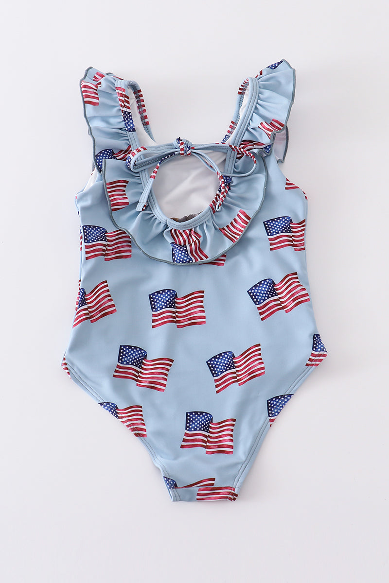 Blue patriotic flag print ruffle girl swimsuit UPF50