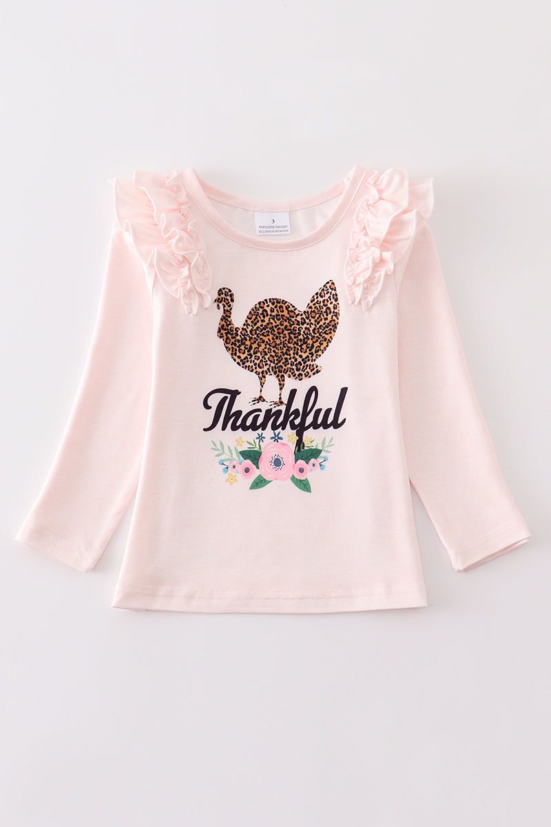 Pink thanksgiving turkey ruffle girl top