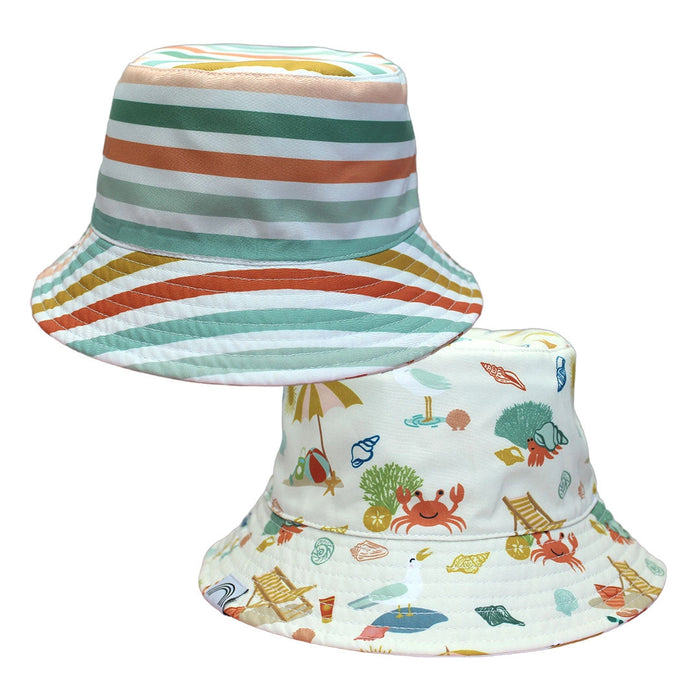 Reversible Bucket Hat - Beach Day and Coral Stripes