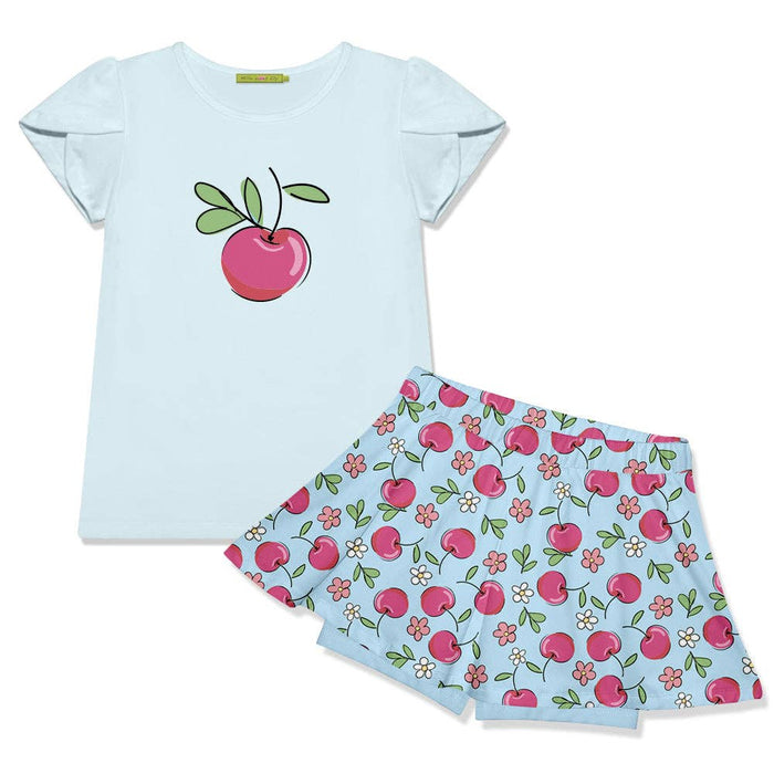 Girls Ice Blue Tulip-Sleeve Top & Cherries Skort