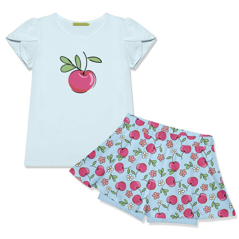 Girls Ice Blue Tulip-Sleeve Top & Cherries Skort