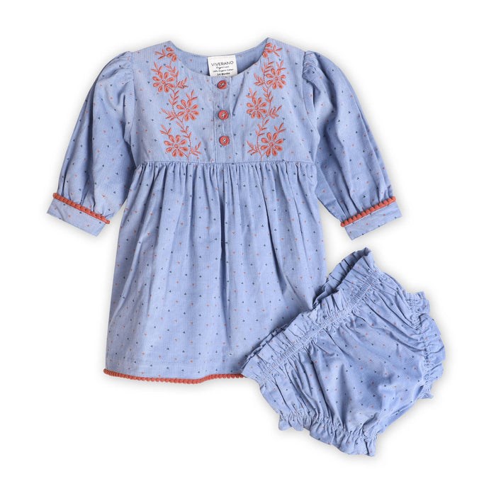 Embroidered Corduroy Tie Baby Dress & Bloomer (Organic)