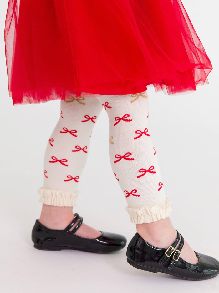 Girls Red Sparkle Bow Ribbon Patterned Footless Ruffle Tights