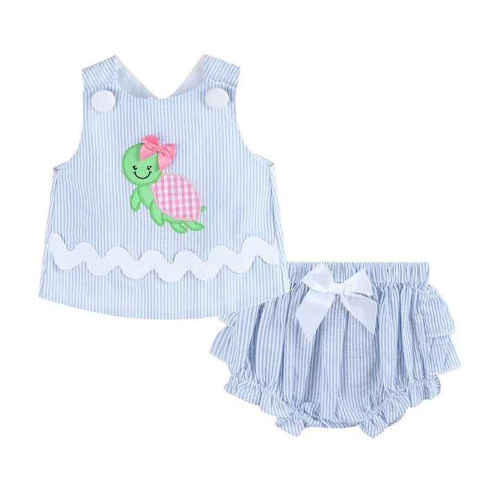 Light Blue Seersucker Turtle 2pc Bloomer Set