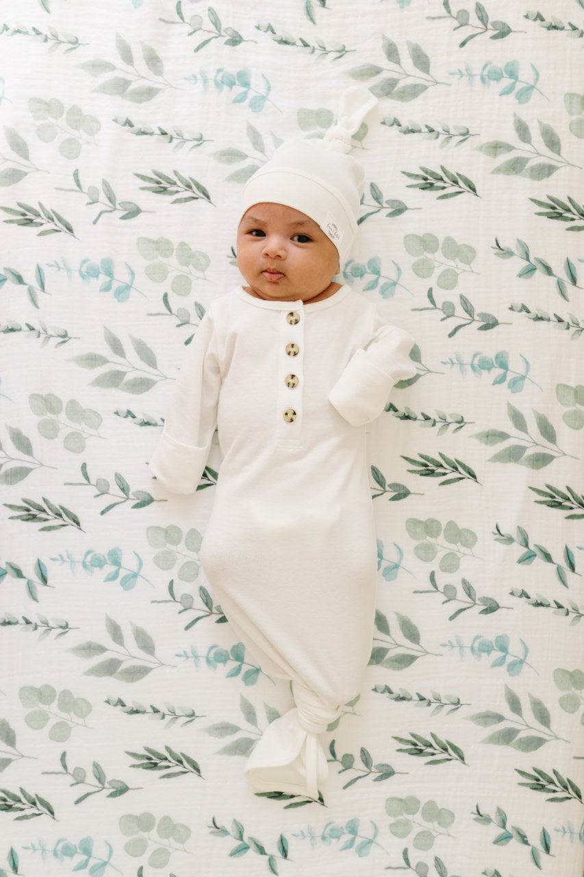 Baby Organic Knotted Gown + Top Knot Hat - Sugar (White)