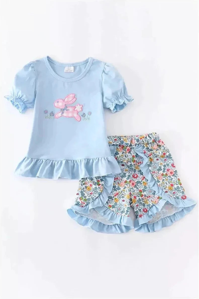 Blue Bunny Applique Short Set - Doodlebug Kidz