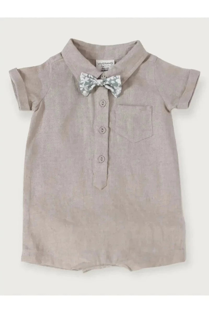 Noah Bowtie Linen Baby Romper (Natural Linen) - Doodlebug Kidz