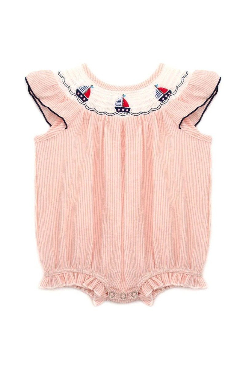 Pink sailboat smocked ruffle baby romper - Doodlebug Kidz