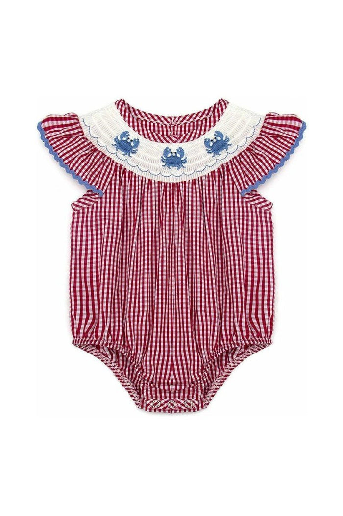 Red plaid crab smocked baby romper - Doodlebug Kidz