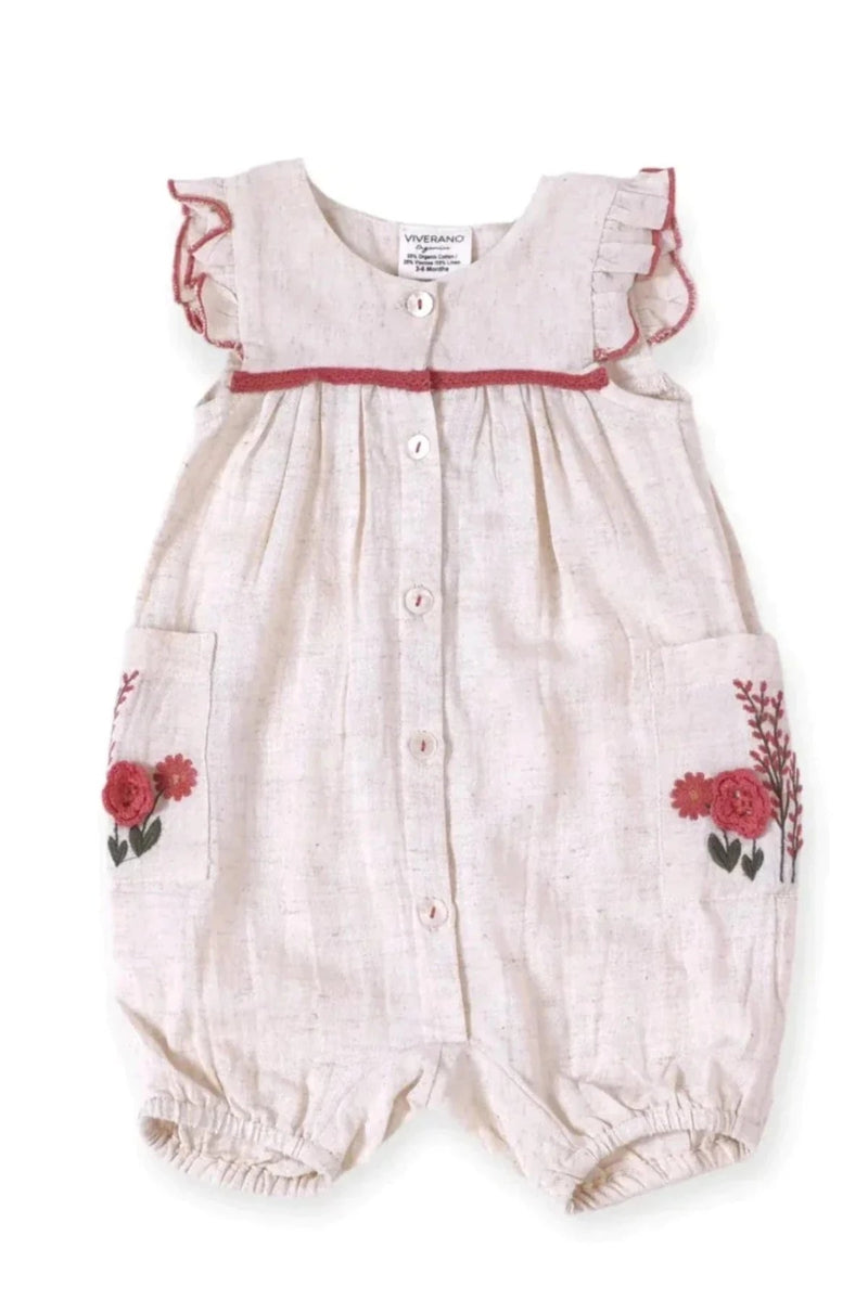 Victoria Embroidered Floral Baby Romper (Linen Blend) - Doodlebug Kidz